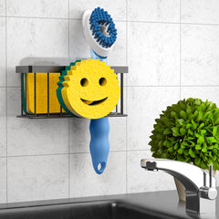Sponge Holder Smiley Face, Sink Caddy for kitchen Sink, Kitchen Organizer Sponge Holder with 2 PCS Suction Cups/1 PCS Adhesive Strips, Designed for Sponge, Soap, Dish brush, Scrubber-Black