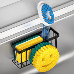 Sponge Holder Smiley Face, Sink Caddy for kitchen Sink, Kitchen Organizer Sponge Holder with 2 PCS Suction Cups/1 PCS Adhesive Strips, Designed for Sponge, Soap, Dish brush, Scrubber-Black